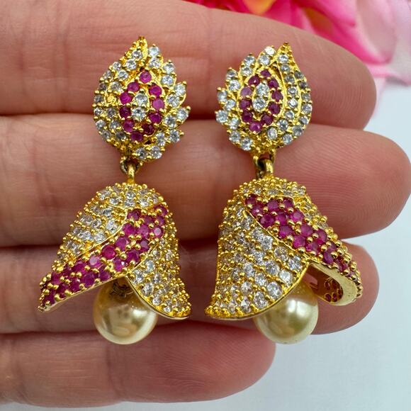 Jeweled Jhumka Drop Earrings Bell Chime Sound India Wedding CZ Ruby? Occasion - Picture 5 of 11